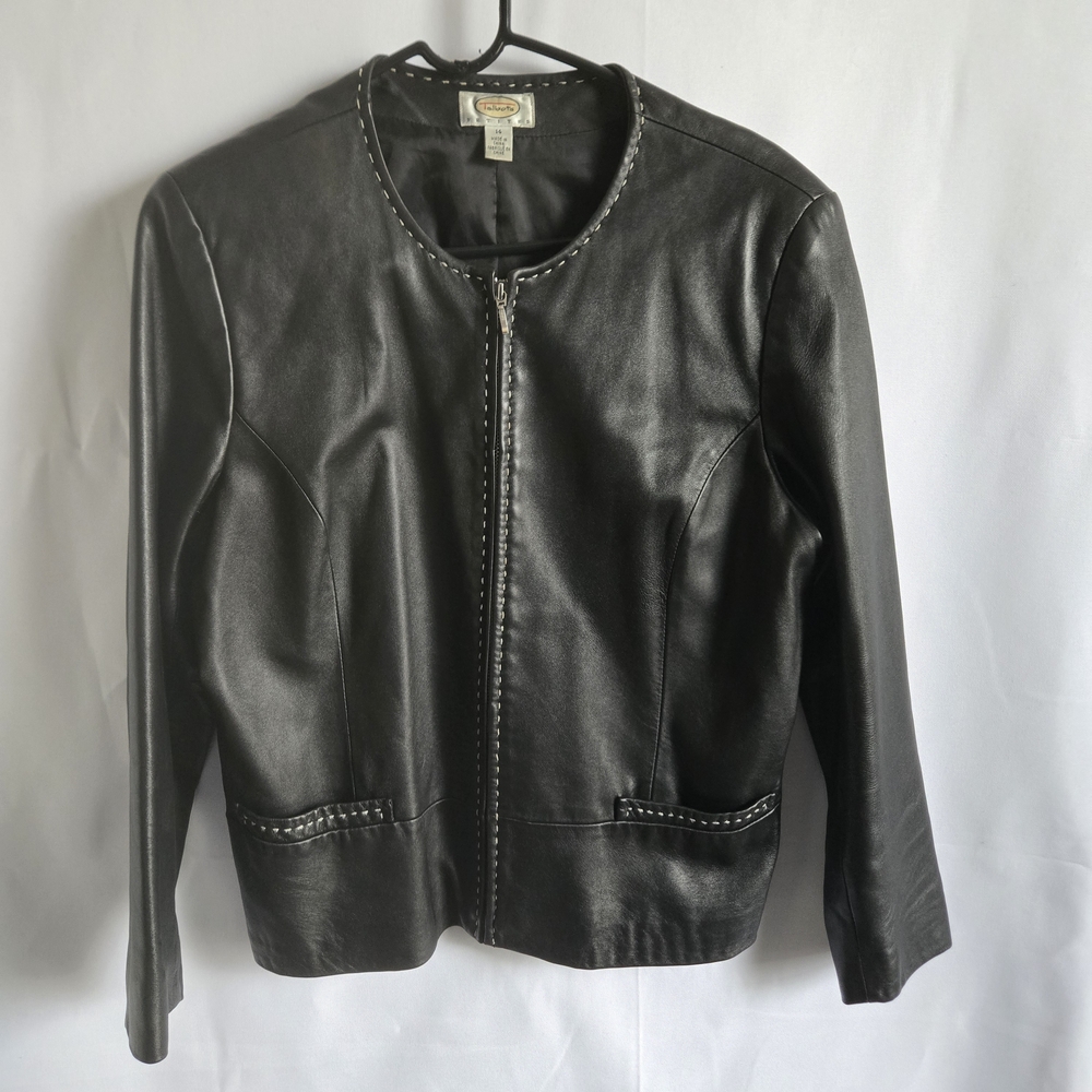 Talbots Women's Black Leather Jacket Size 14 With White Contrast Stitching